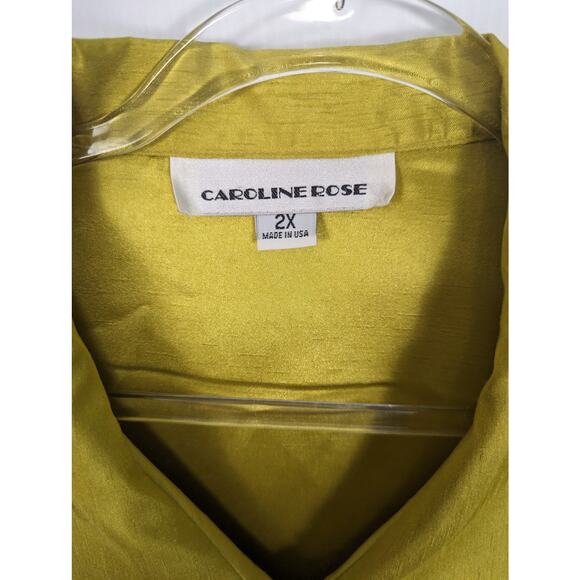 Caroline Rose Faux Raw Silk Button Front Shirt Chartreuse Tab Roll Sleeve 2X - Picture 3 of 9